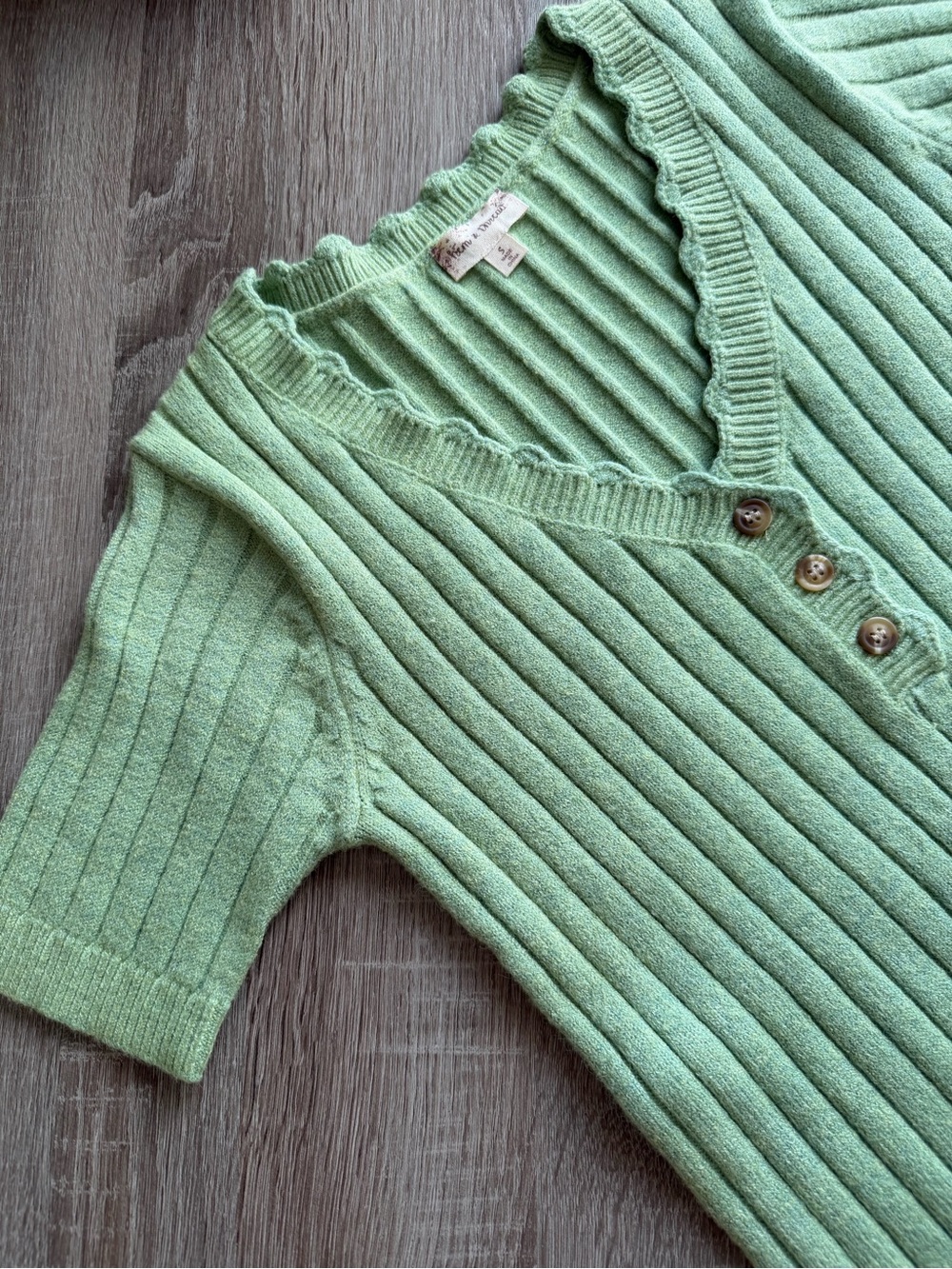 Hem & Thread Light Green Ribbed V-Neck Buttoned Knit Top - Picture 8 of 10